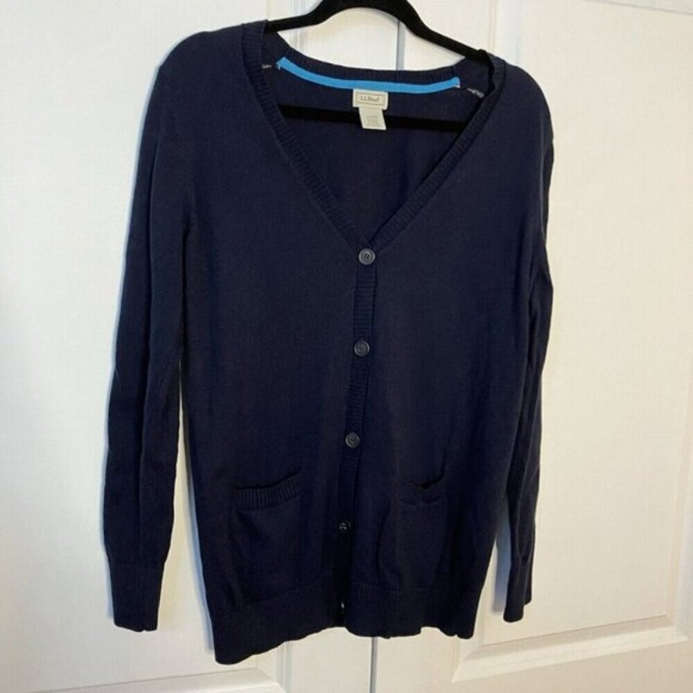 L.L. Bean Cardigan Womens Small Navy Blue Cotton Cashmere V-neck Grandpa Neutral